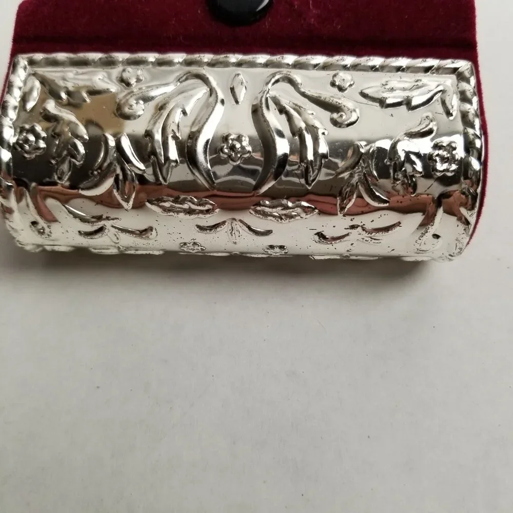 Vintage Double Lipstick Case Silver Plated Velvet Mirror Floral Scrollwork